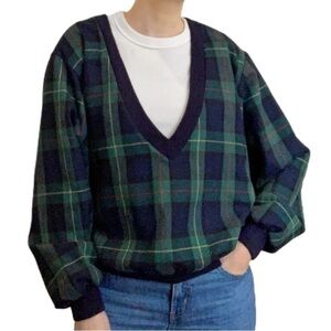 Vintage Tartan Plaid V Neck Wool Blend Sweater
